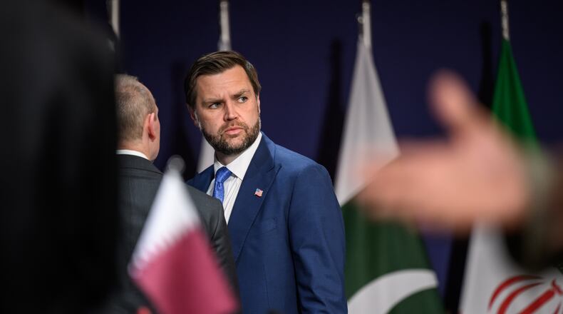 US Vice President JD Vance prior to a quadrilateral meeting between the United States, Iran, Pakistan and Qatar at the Burgenstock luxury hotel complex overlooking Lake Lucerne, Switzerland, Sunday June 21, 2026. (Fabrice Coffrini/Keystone via AP)