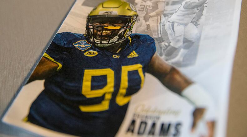 A service program for Georgia Tech football player Brandon Adams is displayed before a memorial service Monday, March 25, 2019, at McCamish Pavilion in Atlanta.