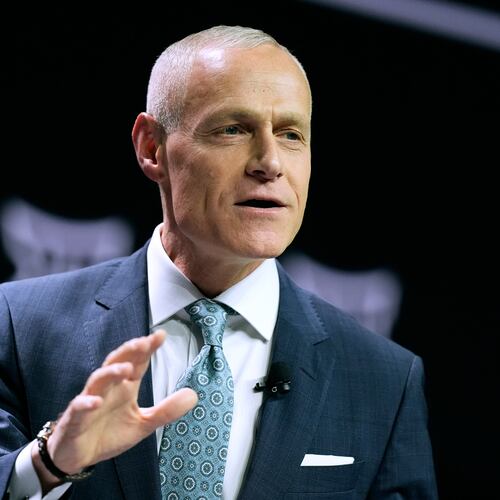 FILE - Big 12 Commissioner Brett Yormark addresses the media during the NCAA college Big 12 women's basketball media day, Oct. 22, 2024, in Kansas City, Mo. (AP Photo/Charlie Riedel, File)