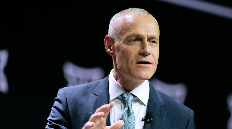 FILE - Big 12 Commissioner Brett Yormark addresses the media during the NCAA college Big 12 women's basketball media day, Oct. 22, 2024, in Kansas City, Mo. (AP Photo/Charlie Riedel, File)