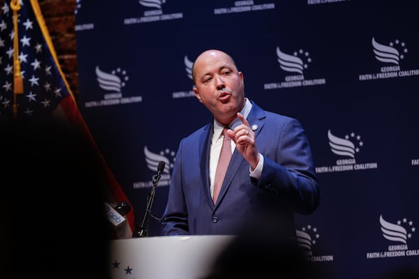 Attorney General Chris Carr, who is running for governor, said at the Faith & Freedom Coalition on Tuesday, Jan. 13, 2026, that he's opposed to fellow gubernatorial candidate Lt. Gov. Burt Jones' plan to eliminate the state income tax. (Arvin Temkar/AJC)