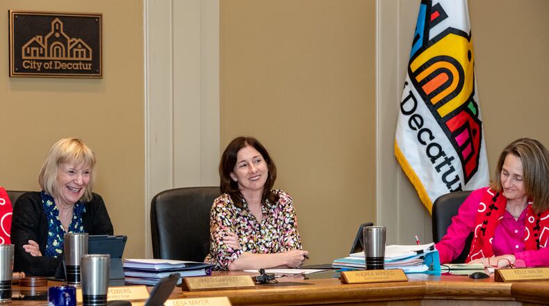 City of Decatur Commissioners meet, hold time for public comment and approve the city millage rate and budget on Tuesday, June 20, 2023. Commissioners include Mayor Patti Garrett, from left, City Manager Andrea Arnold and Comissioner Kelly Walsh attend. (Jenni Girtman for The Atlanta Journal-Constitution)