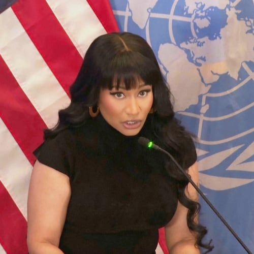 In this image taken from video, pop star Nicki Minaj joined faith leaders Tuesday Nov. 18, 2025, at the United Nations headquarters to lend support for protecting religious freedom, and addressing the rising levels of violence toward Christians in Nigeria. Minaj was invited to speak at the US mission to the United Nations by U.S. Ambassador Mike Waltz. (AP Photo/Joseph B. Frederick)
