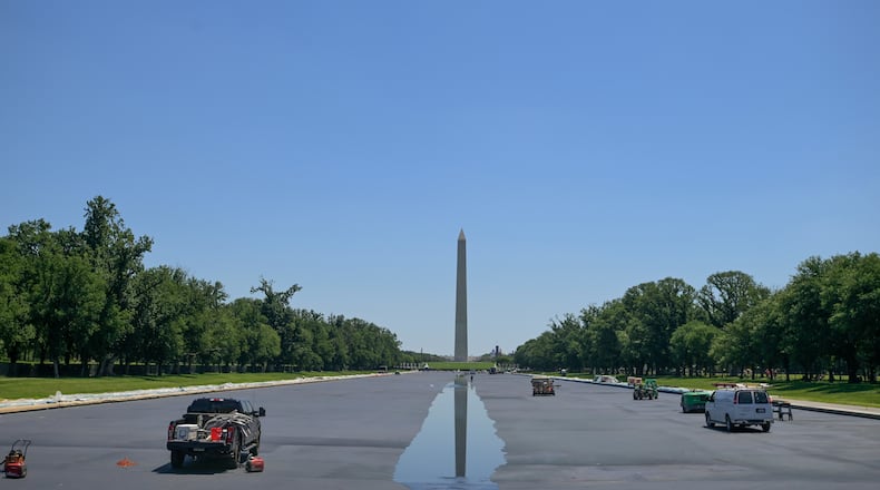 Water flows into the Lincoln Memorial Reflecting Pool, Thursday, June 4, 2026, in Washington. (AP Photo/Rod Lamkey, Jr.)