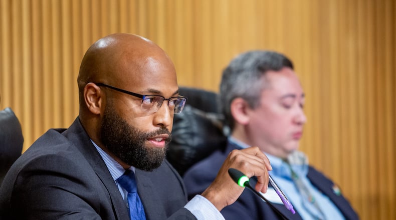 Commissioner Kirkland Carden votes against additional property taxes during the Gwinnett County Board of Commissioners meeting Tuesday, June 15, 2021.  (Jenni Girtman for The Atlanta Journal-Constitution)