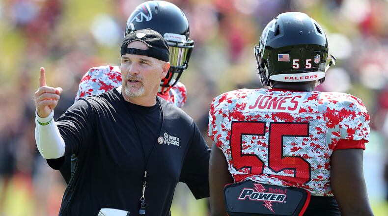 August 6, 2017 Flowery Branch: Falcons head coach Dan Quinn coaches up defensive end Jââ¬â¢Terius Jones during practice on Sunday, August 6, 2017, in Flowery Branch. Curtis Compton/ccompton@ajc.com