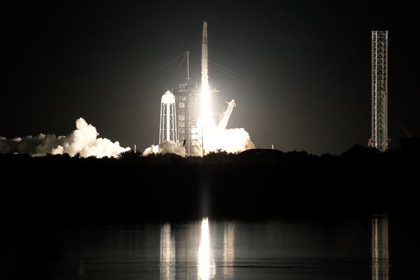 A SpaceX Falcon 9 rocket with a crew of four aboard a Dragon Spacecraft lifts off from pad 39A at the Kennedy Space Center in Cape Canaveral, Fla., Wednesday, June 25, 2025. (AP Photo/Terry Renna)