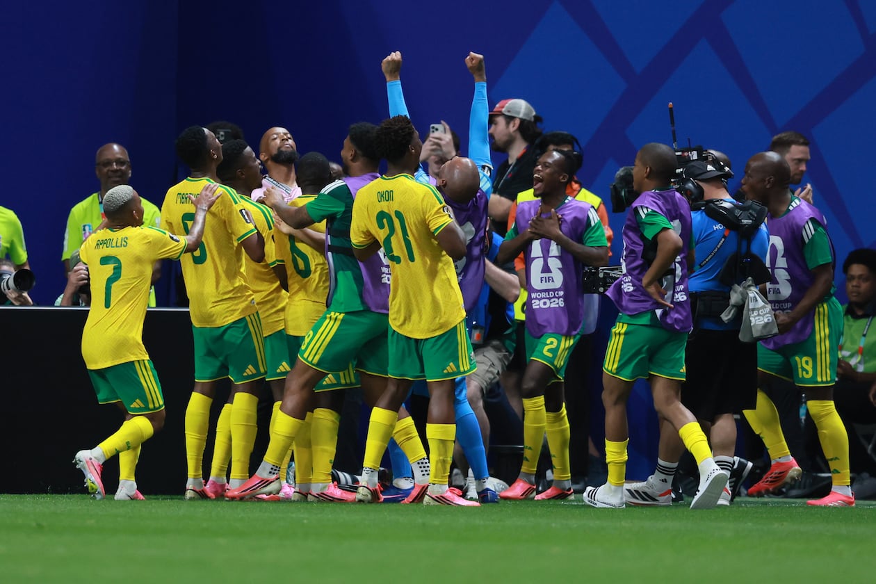 South Africa players celebrate Teboho Mokoena tying the game with a penalty kick during the second half against Czechia in the World Cup at Atlanta Stadium on Thursday, June 18, 2026. (Jason Getz/AJC)