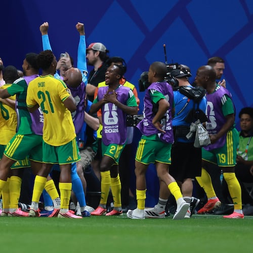 South Africa players celebrate Teboho Mokoena tying the game with a penalty kick during the second half against Czechia in the World Cup at Atlanta Stadium on Thursday, June 18, 2026. (Jason Getz/AJC)