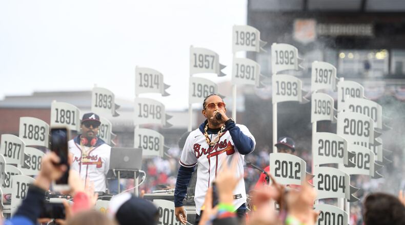 Rapper Ludacris performs at the Braves' World Series celebration in 2021.