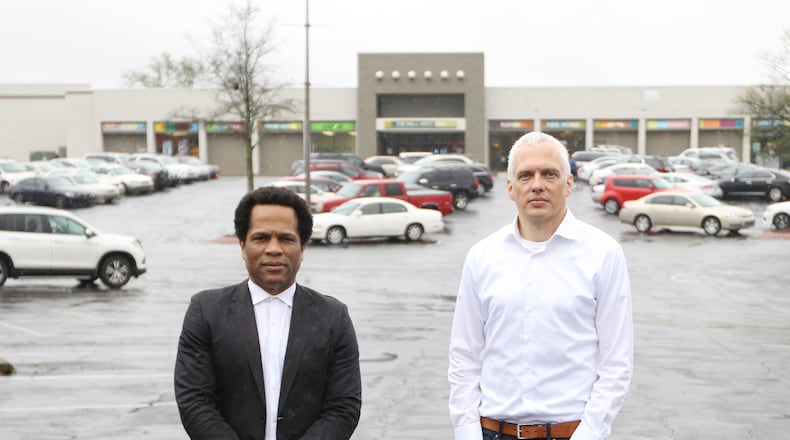 Tech investor and entrepreneur Donray Von, left, and Atlanta Beltline mastermind Ryan Gravel talk to reporters at the Mall West End in Atlanta on Friday, March 15, 2019. EMILY HANEY / emily.haney@ajc.com