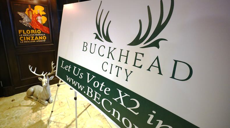 012422 Buckhead: A large sign greets guests at the Buckhead cityhood movement fundraiser on Monday, Jan. 24, 2022, in Buckhead. The Buckhead cityhood organization is starting a political action committee with $1 million in the bank, Buckhead City Committee chief executive Bill White told several hundred donors at Bistro Niko. “Curtis Compton / Curtis.Compton@ajc.com”`