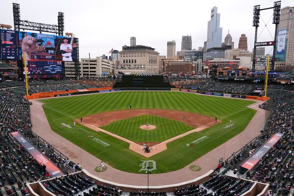 The Detroit Tigers play the New York Yankees in the third inning during a baseball game at Comerica Park , Wednesday, April 9, 2025, in Detroit. (AP Photo/Paul Sancya)
