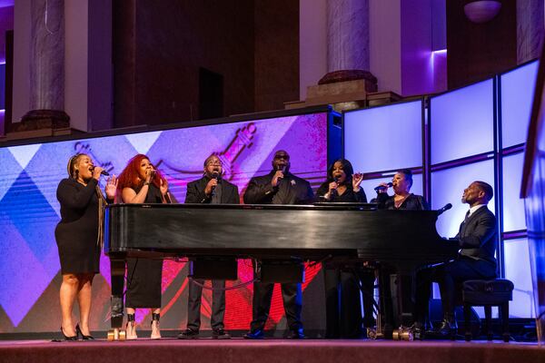 Renowned Gospel Music singer, Kirk Franklin, performs at the memorial service for singer and actress Angie Stone, Friday, March 14, 2025, in Austell. Ga. (AP Photo/Olivia Bowdoin)