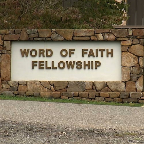 FILE - This 2016 image from video shows the entrance to the Word of Faith Fellowship church in Spindale, N.C. (AP Photo/Alex Sanz, File)