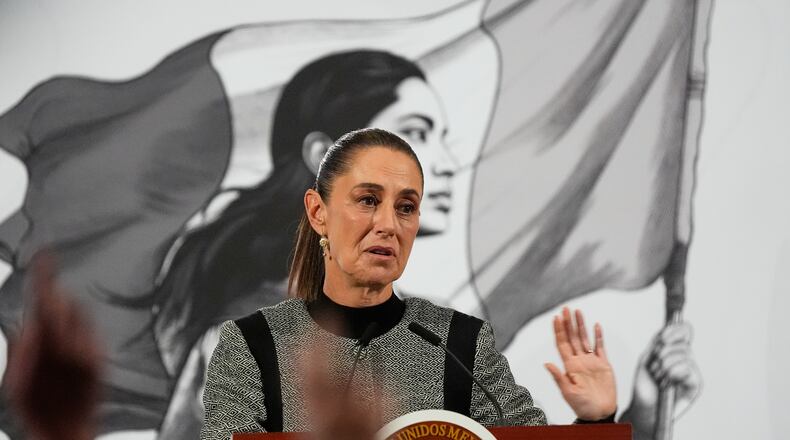 FILE - Mexican President Claudia Sheinbaum speaks during her daily morning press conference at the National Palace in Mexico City, Nov. 28, 2025. (AP Photo/Marco Ugarte, File)