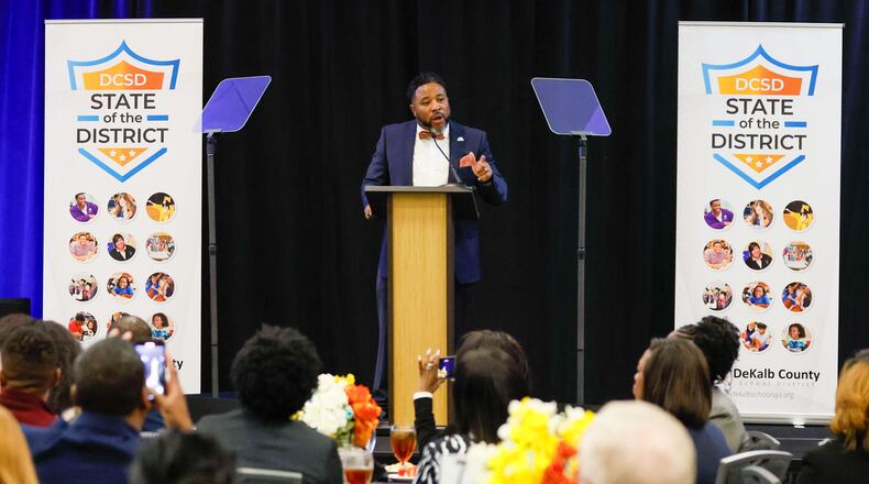 DeKalb County Superintendent Devon Horton discusses academics, operations and more during the State of the District address at Courtyard by Marriott hotel in downtown Decatur on Thursday, March 14, 2024. (Miguel Martinez /miguel.martinezjimenez@ajc.com)