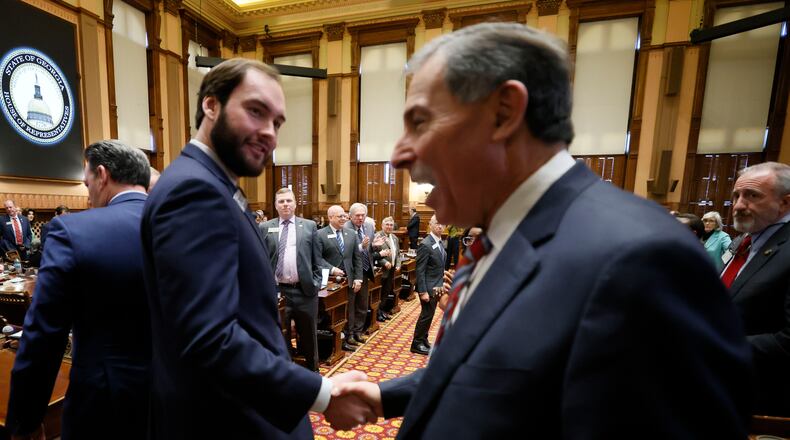 State Sen. Colton Moore R-Trenton greets House members as he enters the House Chamber for the annual State of the Judiciary Address to a joint session of the House and Senate on Tuesday, January 28, 2025.
(Miguel Martinez/ AJC)