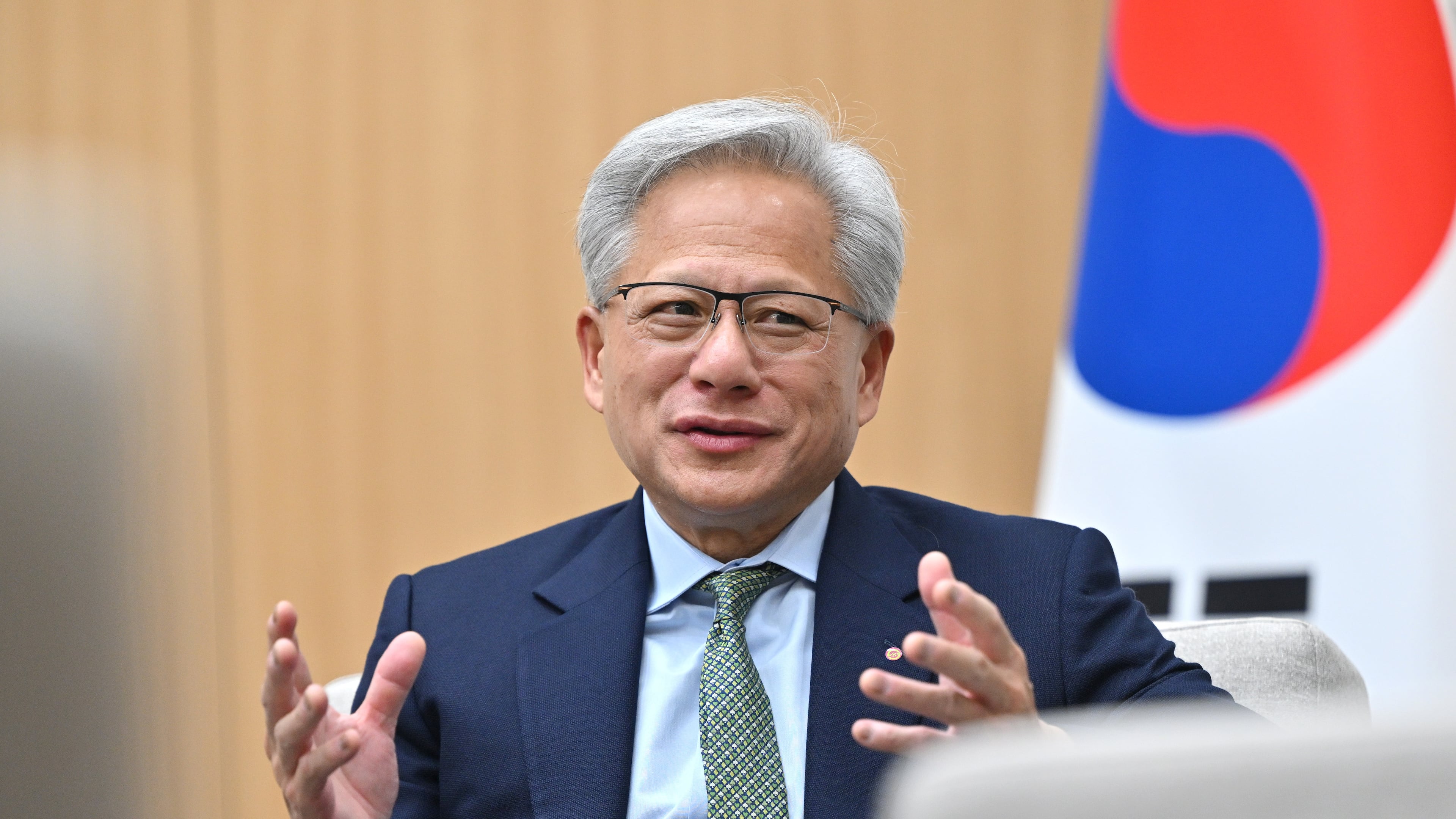 Nvidia CEO Jensen Huang meets with South Korean President Lee Jae Myung on the sidelines of the Asia-Pacific Economic Cooperation (APEC) summit in Gyeongju, South Korea Friday, Oct. 31, 2025. (Jung Yeon-je/Pool Photo via AP)