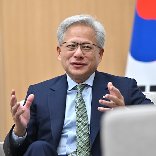 Nvidia CEO Jensen Huang meets with South Korean President Lee Jae Myung on the sidelines of the Asia-Pacific Economic Cooperation (APEC) summit in Gyeongju, South Korea Friday, Oct. 31, 2025. (Jung Yeon-je/Pool Photo via AP)