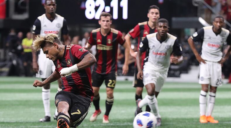 June 2, 2018 Atlanta: â HAT TRICK â Atlanta United forward Josef Martinez scores his third goal of the night on a penalty kick for the hat trick and a 3-1 victory against Philadelphia Union during the second half in a MLS soccer match on Saturday, June 2, 2018, in Atlanta. Martinez is now tied for the MLS record for career hat tricks with 5. He is the fastest player in MLS history to achieve this.    Curtis Compton/ccompton@ajc.com