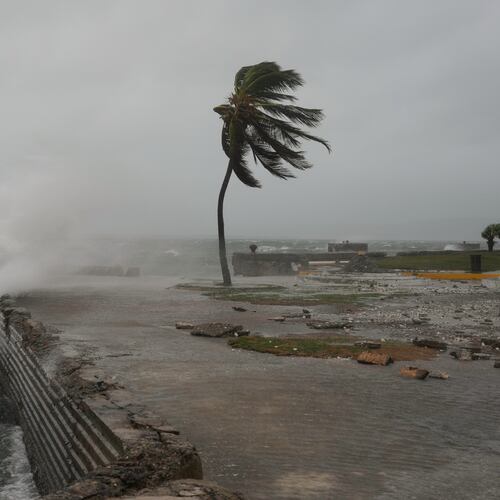 Waves splash in Kingston, Jamaica, as Hurricane Melissa approaches, Tuesday, Oct. 28, 2025. (AP Photo/Matias Delacroix)