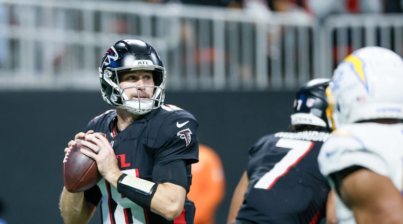 Atlanta Falcons quarterback Kirk Cousins (18) looks to pass during the second half of an NFL football game against the Los Angeles Chargers on Sunday, December 1, 2024, at Mercedes-Benz Stadium in Atlanta.
(Miguel Martinez/ AJC)