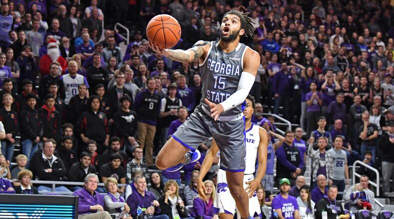 D'Marcus Simonds drives in for a layup during the first half against the Kansas State Wildcats on December 15, 2018. Simonds made the game-winning shot with 0.9 seconds remaining Saturday against Louisiana-Monroe. Photo by Peter Aiken/Getty Images.