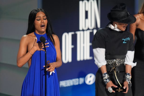 Teyana Taylor accepts the Icon of the Year Award during the BET Awards on June 28, 2026, at the Peacock Theater in Los Angeles. (John Locher/AP)