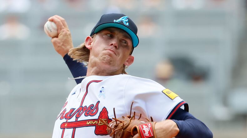 Braves starting Hurston Waldrep (30) throws to a Tampa Bay Rays batter on Sunday, June 16, 2024, in Atlanta.
(Miguel Martinez/ AJC)