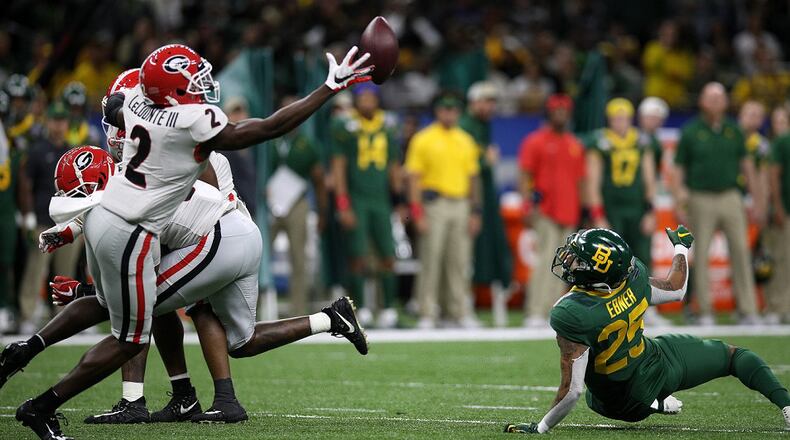 Richard LeCounte of the Georgia Bulldogs intercepts a pass against the Baylor Bears during the Sugar Bowl at the Superdome on Jan. 1, 2020 in New Orleans. (Photo by Chris Graythen/Getty Images)