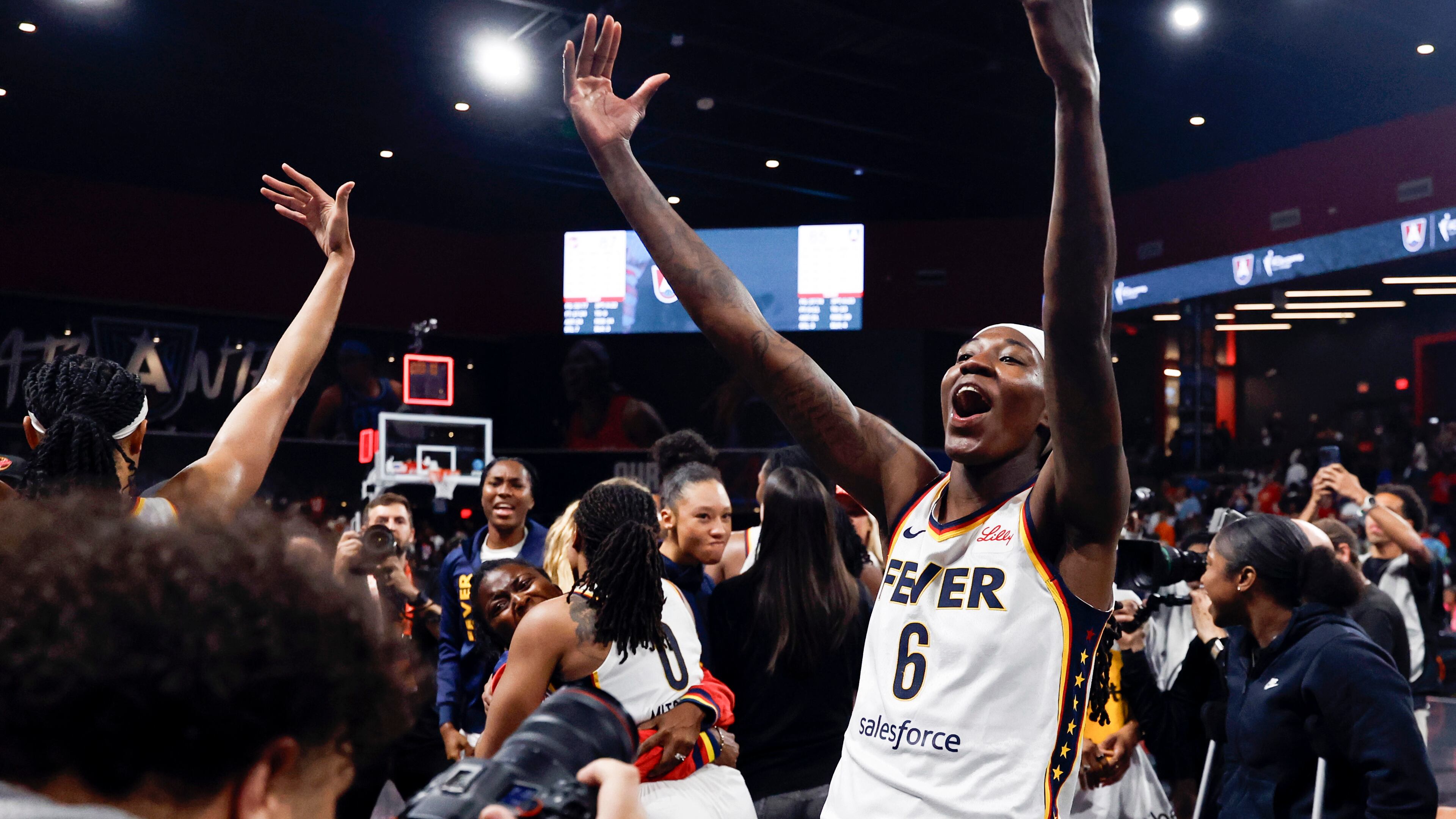 Indiana Fever forward Natasha Howard (6) reacts after her team defeated the Atlanta Dream in Game 3 in the first round of the WNBA basketball playoffs, Thursday, Sept. 18, 2025, in Atlanta. (AP Photo/Butch Dill)