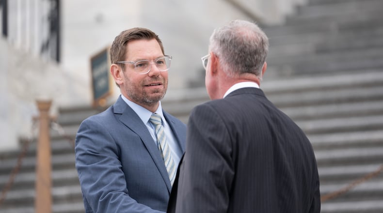 Rep. Eric Swalwell, D-Calif., departs following votes at the Capitol, Thursday, March 5, 2026, in Washington. (AP Photo/Allison Robbert)