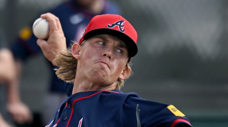 Atlanta Braves pitcher Hurston Waldrep throws in the bullpen during spring training workouts at CoolToday Park, Monday, February, 19, 2024, in North Port, Florida. (Hyosub Shin / Hyosub.Shin@ajc.com)