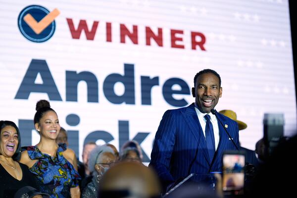 Atlanta Mayor Andre Dickens speaks during an election night watch party after winning reelection on Tuesday, Nov. 4, 2025, in Atlanta. (AP Photo/Mike Stewart)