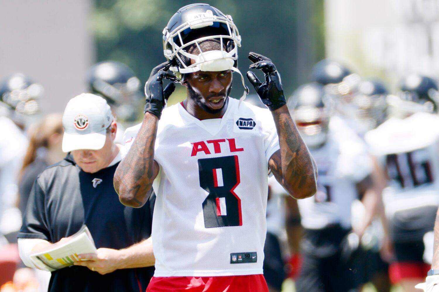 Falcons tight end Kyle Pitts (8) is shown during minicamp at the Atlanta Falcons Training Facility Wednesday, June 15, 2022, in Flowery Branch, Ga.  Miguel Martinez / miguel.martinezjimenez@ajc.com