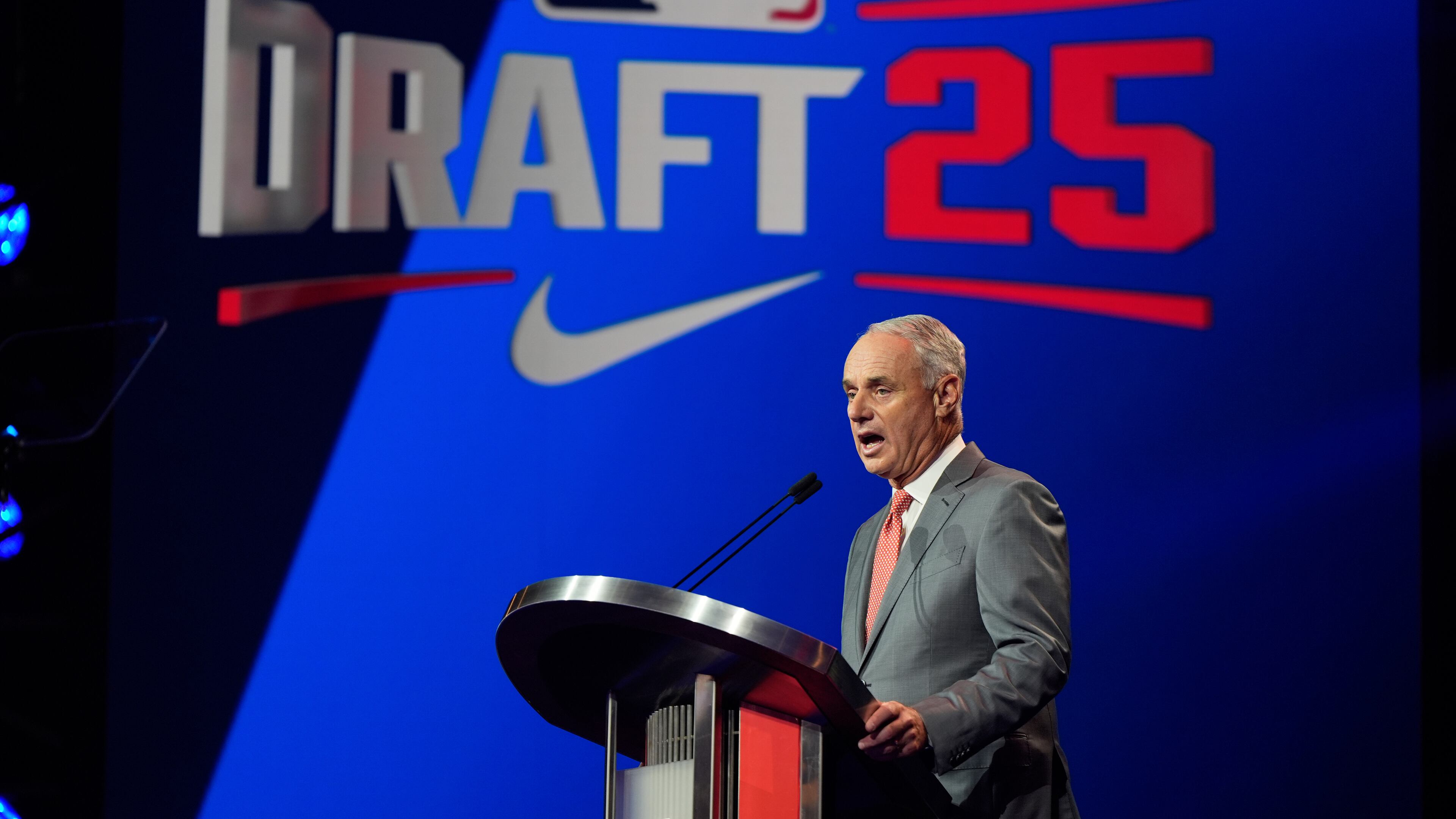 MLB Commissioner Rob Manfred speaks during the first round of the MLB baseball draft Sunday, July, 13, 2025, in Atlanta. (Mike Stewart/AP)