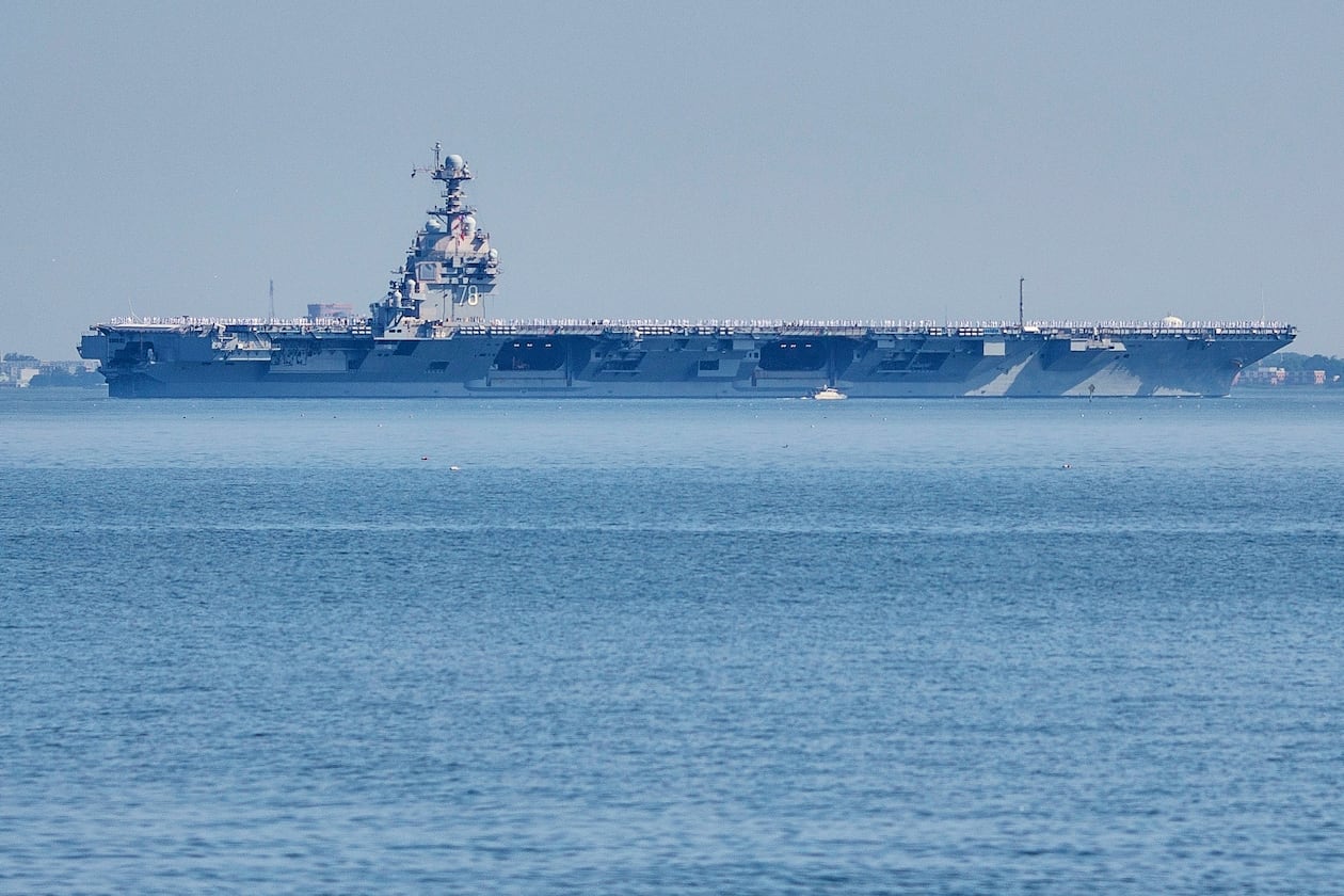 FILE The USS Gerald R. Ford aircraft carrier leaves Naval Station Norfolk, June 23, 2025, in Norfolk, Va. (AP Photo/John Clark, File)