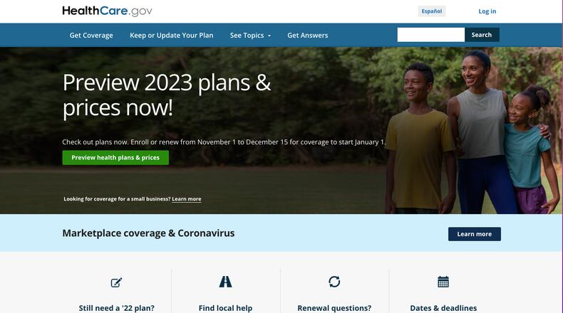 Open enrollment begins Tuesday, Nov. 1 for health insurance plans on the Affordable Care Act marketplace exchange, also known as Obamacare, for coverage beginning Jan. 1, 2023.  Until Nov. 1, people can window shop on the website, healthcare.gov.  (Screenshot by Sandra Brown)