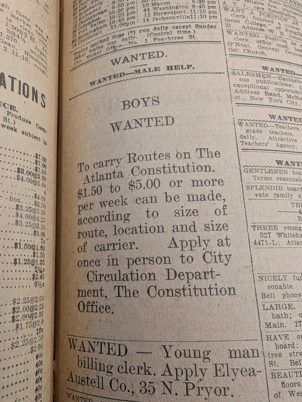 A want ad from 1911 in the Atlanta Constitution sought boys for newspaper delivery routes. (AJC file)