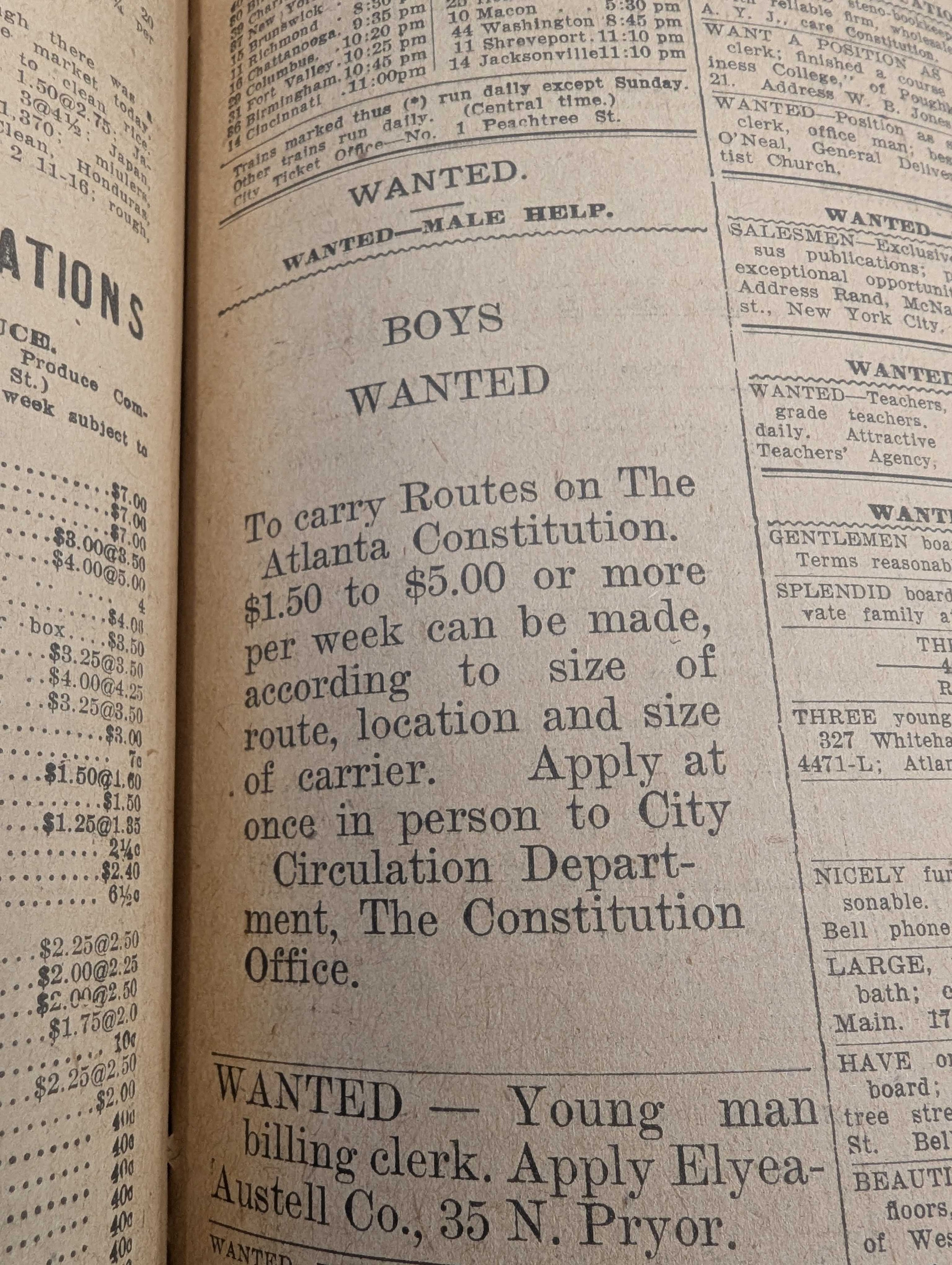 A want ad from 1911 in the Atlanta Constitution sought boys for newspaper delivery routes. (AJC file)