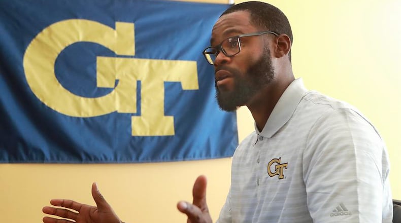 Georgia Tech defensive end coach Larry Knight takes questions during a media session at Bobby Dodd Stadium on Thursday, Jan. 10, 2019. Curtis Compton/ccompton@ajc.com