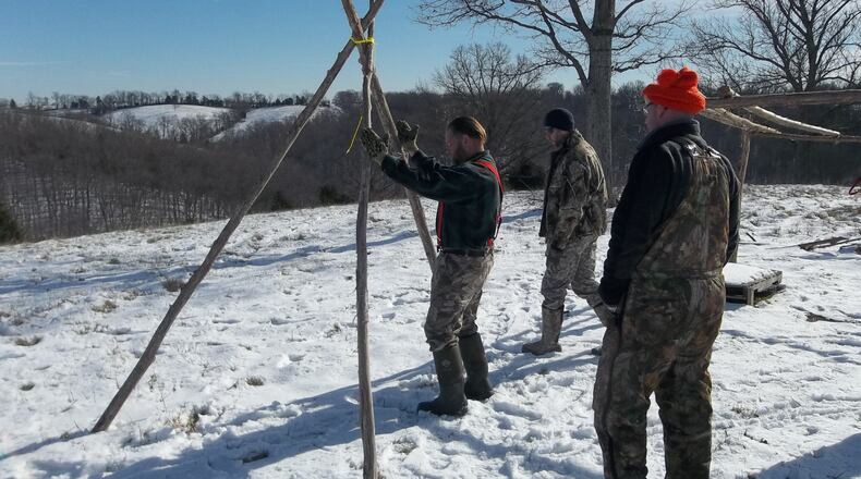 Campcraft Outdoors teaches various winter survival skills, including shelter making, at its Henry County, Kentucky, campus that sits on a 123-acre farm. Courtesy of Campcraft Outdoors