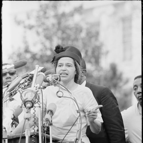 Rosa Parks delivers remarks in front of the Alabama State Capitol at the conclusion of the 54 mile march from Selma to Montgomery. Alabama State Capitol, Montgomery, Ala., March 25, 1965. (Matt Herron/Jeannine Herron and Stanford University Libraries via AP)