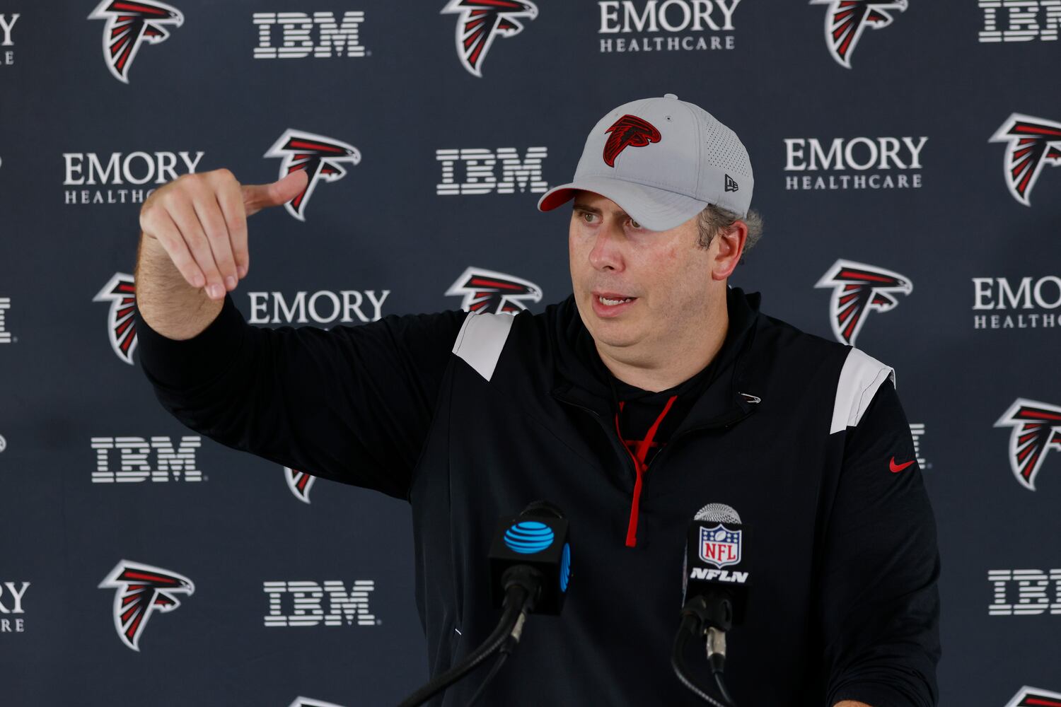 Atlanta Falcons head coach Arthur Smith speaks to media members during training camp at the Falcons Practice Facility on Wednesday, August 24, 2022, in Flowery Branch, Ga. Miguel Martinez / miguel.martinezjimenez@ajc.com