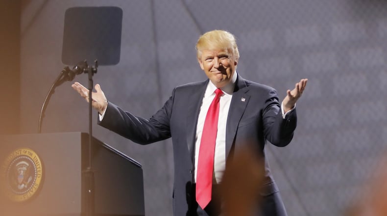 Donald Trump at the NRA convention in Atlanta. AJC photo.