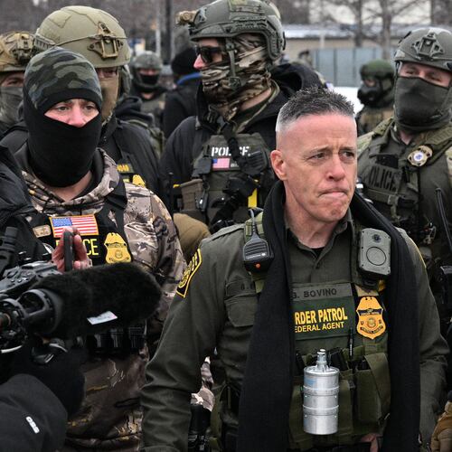 U.S. Border Patrol Cmdr. Gregory Bovino arrives as protesters gather outside the Bishop Henry Whipple Federal Building, Thursday, Jan. 8, 2026, in Minneapolis, Minn. (AP Photo/Tom Baker)