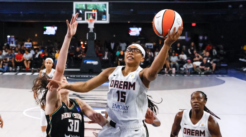Atlanta Dream guard Allisha Gray (15) goes up for a basket during the second half against the New York Liberty on Sunday, June 23, 2024, in Atlanta, at Gateway Center Arena. 
(Miguel Martinez / AJC)