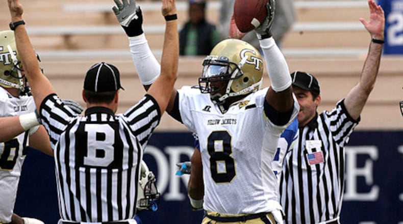Georgia Tech wide receiver Demaryius Thomas (8) celebrates after recovering a fumble for a touchdown.