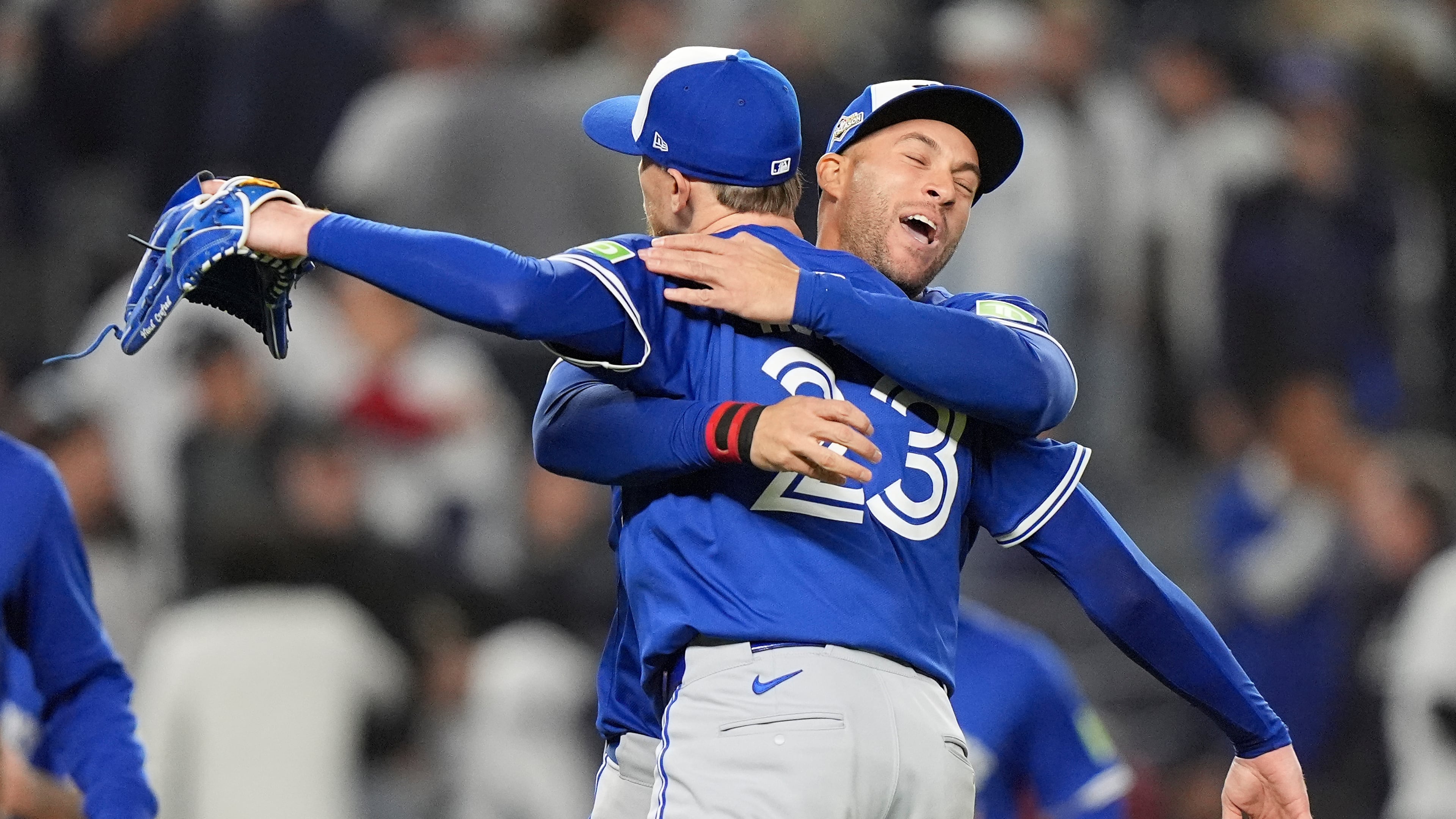 The Toronto Blue Jays celebrate after defeating the New York Yankees in Game 4 of baseball's American League Division Series, Wednesday, Oct. 8, 2025, in New York. (AP Photo/Frank Franklin II)